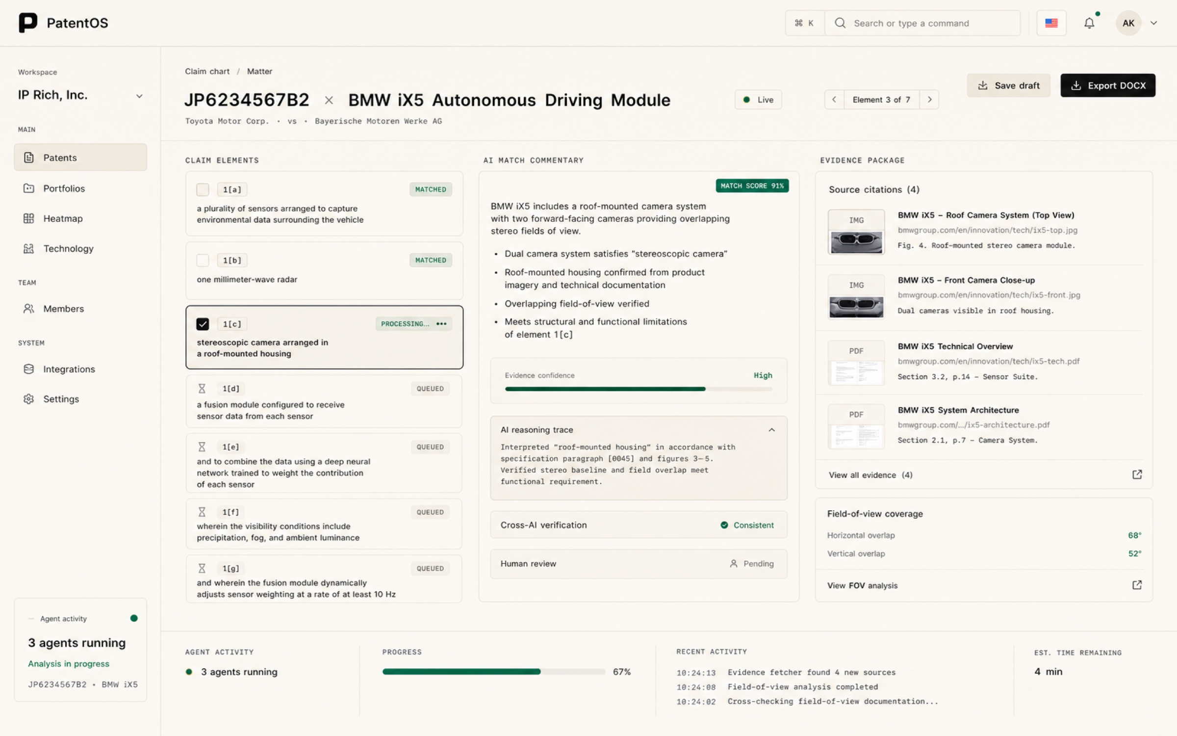 PatentOS claim chart workspace