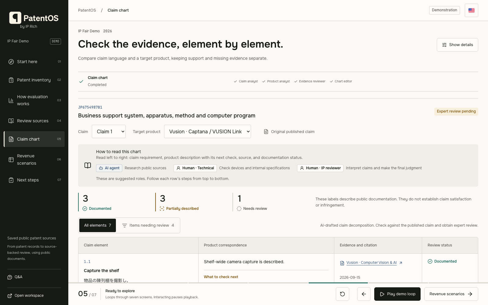 Claim chart in the PatentOS public demo, using a prepared example.