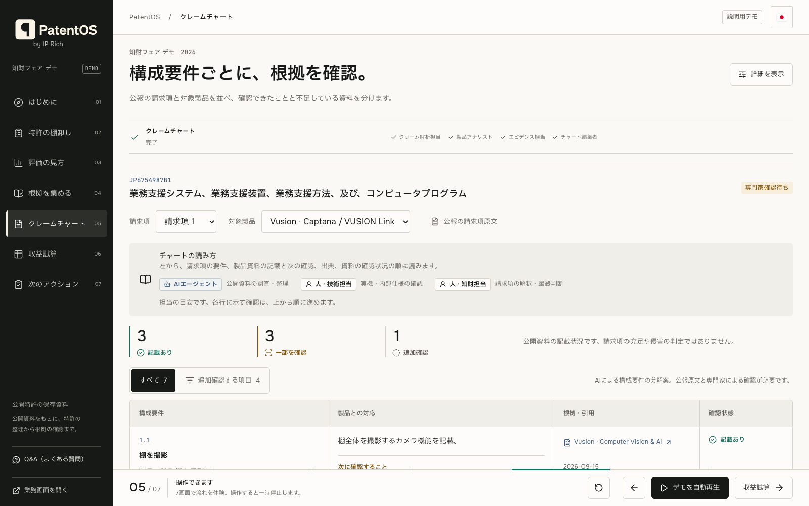 PatentOS 公開デモのクレームチャート。準備済みの例。